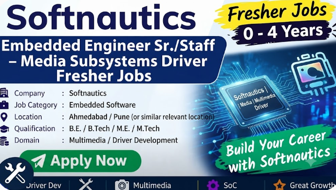 Embedded Engineer Sr./Staff – Media Subsystems Driver Fresher Jobs – Softnautics, freshers Jobs, Non Voice BPO Jobs, IT Jobs For Freshers, Entry Level Jobs, Customer Support Jobs, Immediate Hiring, Non Voice Process Jobs, IT Fresher Openings, Work From Home Jobs, Night Shift Jobs